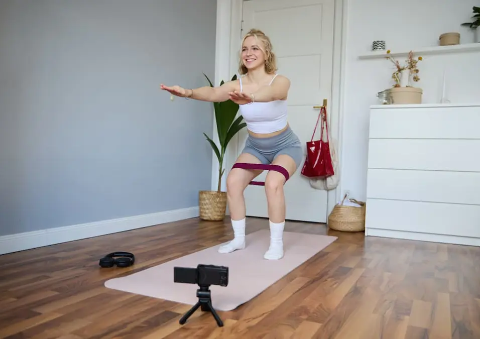 امرأة مبتسمة تؤدي تمارين القرفصاء مع حبل مقاومة حول فخذيها، على الأرجح تتبع فيديو تمارين على هاتف، توضح تمارين القرفصاء للمبتدئين.
