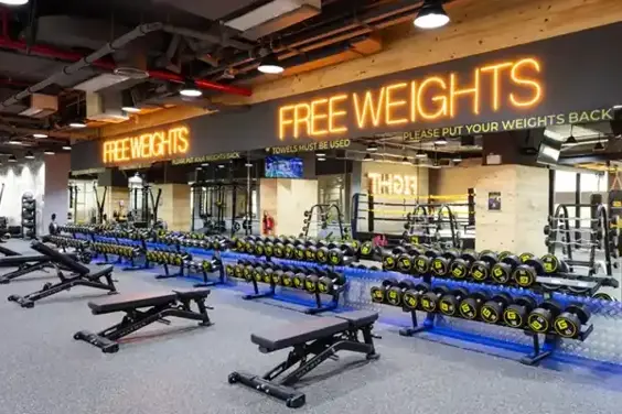 Gym free weight room equipped with dumbbells, barbells, and many more weightlifting equipments.