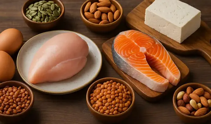 GN-view of an assortment of high-protein foods—including chicken breast, eggs, salmon, tofu, lentils, and almonds—arranged on wooden bowls